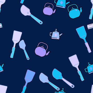 Seamless pattern of kitchen utensils and teapots