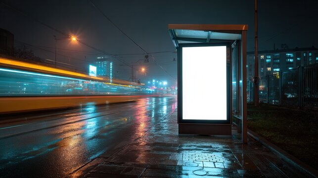 Bus stop with blank advertisement board at night in a busy city street with motion blur from passing vehicles Generative AI