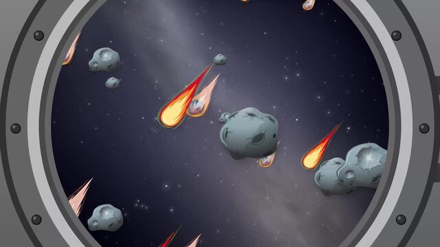 Animation of Asteroids and Comets Passing Outside Spaceship Porthole Window
