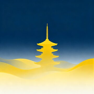 Golden Pagoda Standing Among Yellow Sand Dunes Under Dark Blue Sky