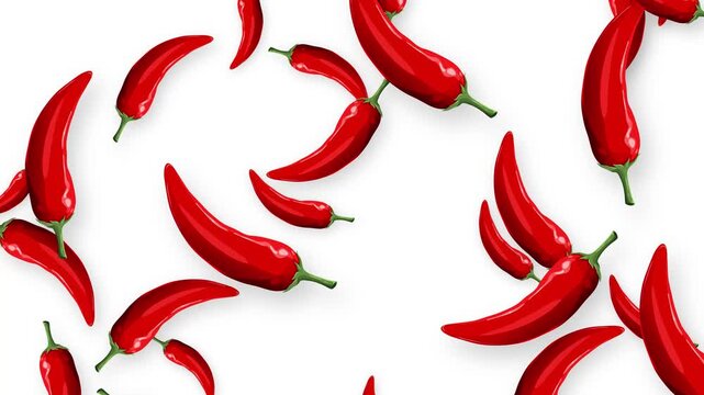 Red Chili Peppers Falling Against a Plain White Background