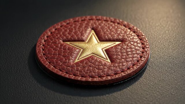 Close up of a textured maroon leather patch with gold star emblem branding commercial
