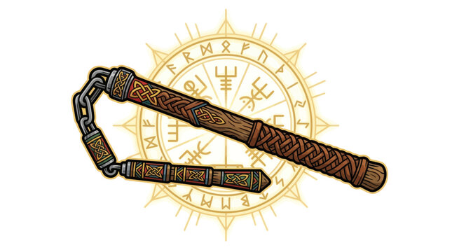 Medieval Flail Weapon with Ancient Runes Symbol