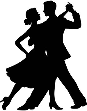 Dancing couple silhouette, elegant man and woman performing ballroom dance step together isolated on clean white background vector illustration.