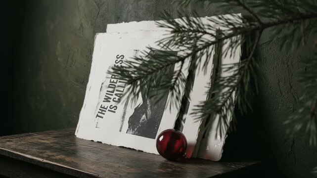 Black and white wilderness print on wooden table with pine branch holiday decor
