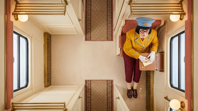 Female train conductor stamping a ticket inside a vintage train carriage