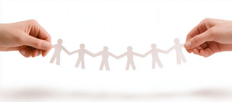 Hands holding paper people chain symbolizing teamwork, unity, community, and human connection