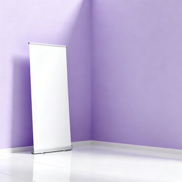 Blank Roll Up Banner Stand in Empty Lavender Corner Room