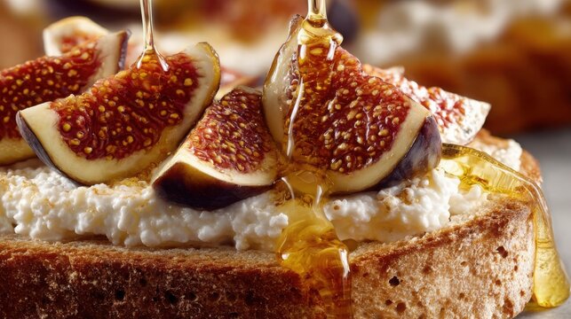 extreme macro of breakfast toast with ricotta, fresh figs and honey, creamy ricotta texture, ripe fig seeds clearly visible, golden honey slowly