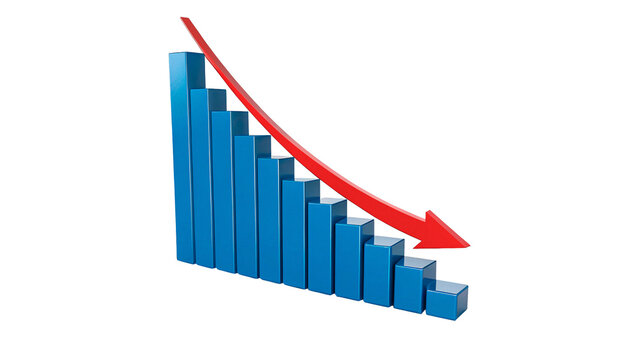 Financial failure crisis chart with blue bars and red arrow moving downward