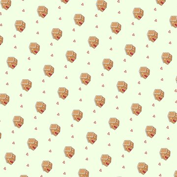 Hand drawn Christmas gingerbread house seamless pattern on light green background