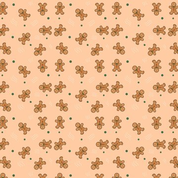 Hand drawn Christmas gingerbread man seamless pattern on soft peach background