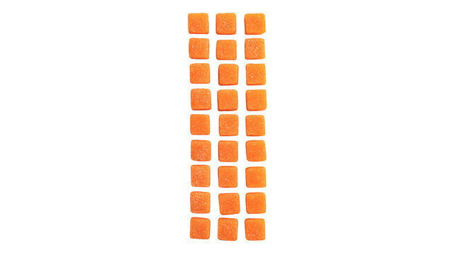 Vertical column of small square orange wooden blocks sorted geometric elements pattern