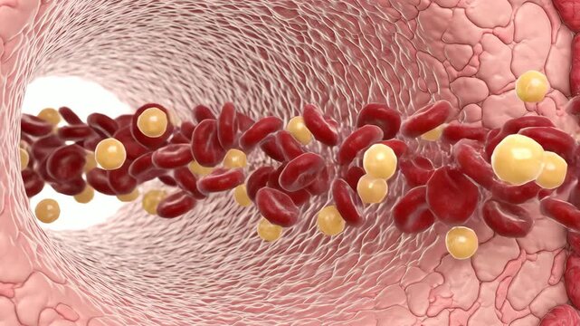 LDL cholesterol particles moving through a human bloodstream toward the inner surface of an artery