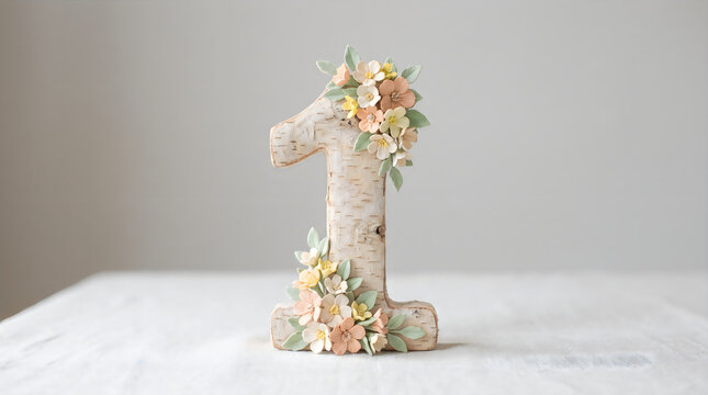 Decorative number one shaped cake topper decorated with colorful flowers for a first birthday celebration