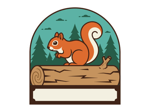 Squirrel Illustration on Log with Forest Background Badge Design