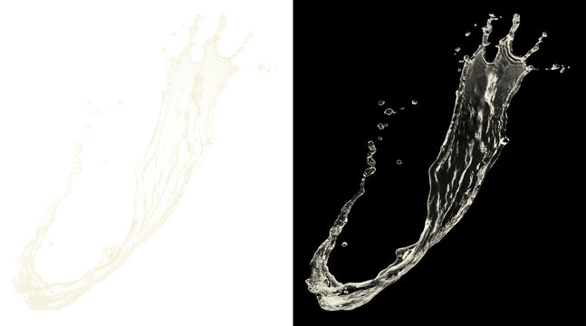 Champagne splash with alpha channel, sparkling gold liquid burst on black and white backgrounds, luxury drink spray for advertising