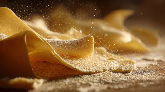extreme macro photography of fresh pasta dough being transformed into delicate ravioli, detailed flour texture, soft golden dough, tiny flour