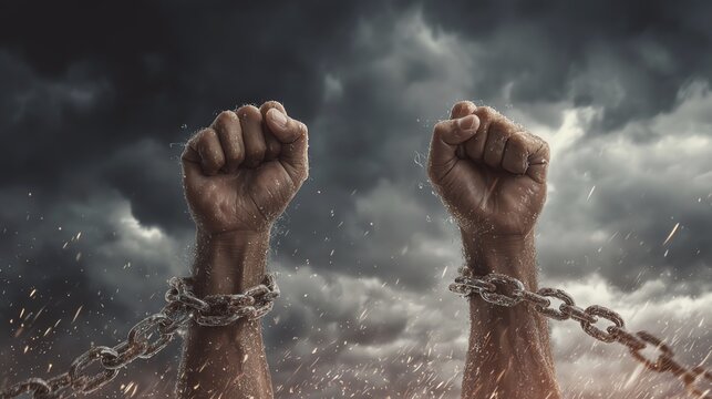 Hands breaking free from chains in dark storm.