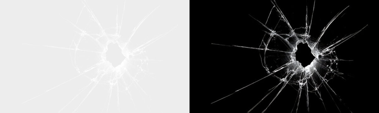Broken glass texture with bullet hole and radial cracks. Shattered window overlay isolated on transparent and black background