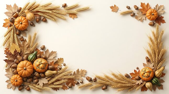 Autumn harvest frame with pumpkins wheat and dried floral elements