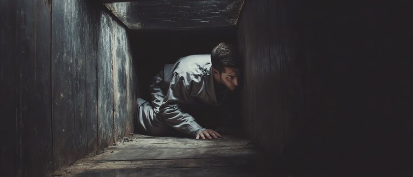 Individual navigating a dark, confined space.