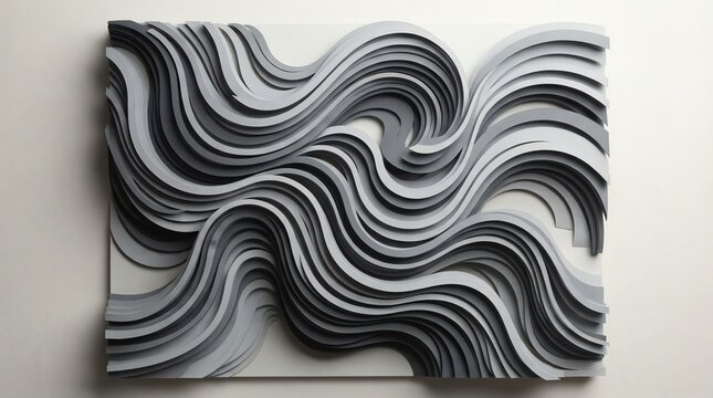 Abstract grey wavy relief sculpture on white wall