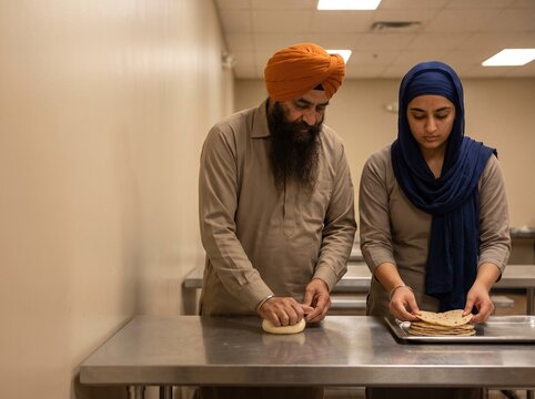 Sikh volunteers making roti in a community kitchen