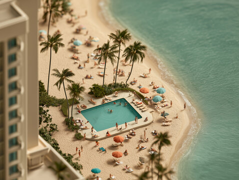 Tilt Shift Miniature Effect Aerial View of Beach Resort Pool with Palm Trees and Ocean