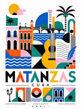 Colorful geometric travel poster celebrating Matanzas, Cuba, with stylized architecture, bridge, palm trees, water, guitar, and city lettering.