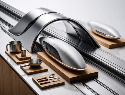 Modern silver kitchen utensils arranged on wooden blocks. Futuristic hyperloop style design tools sit on metal rails. Sleek metallic pots, spoons, saucepans look like high tech transport pods.