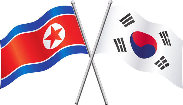 north and south korea korean flags in relationship versus alliance crossed flagpoles vector isolated on transparent background