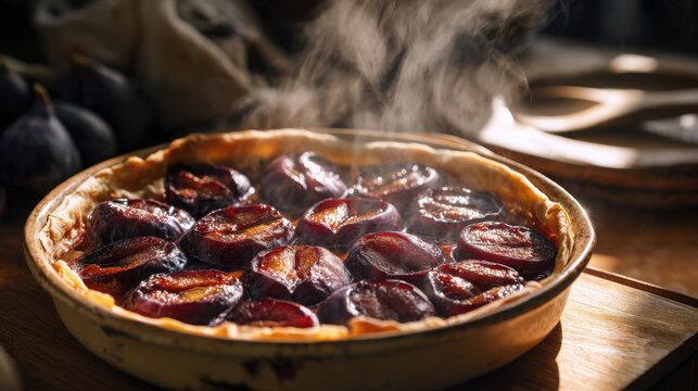 homemade plum tart freshly removed from oven, caramelized dark purple plums arranged across golden pastry, visible steam, rustic ceramic baking dish