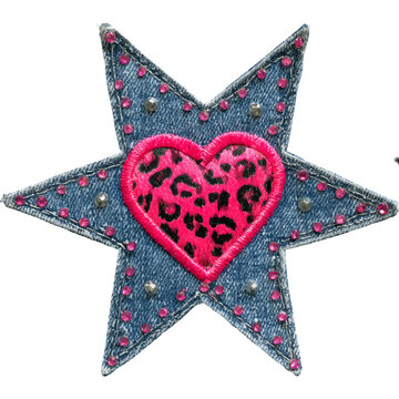 Denim style star decorating with pink rhinestones and silver studs, featuring a vibrant furry leopard print heart, creating a unique glam accessory or embellishment