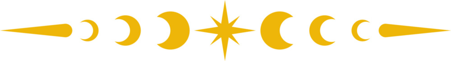 Fototapeta premium Celestial golden border with moon, sun and stars. Tarot-inspired mystical ornament featuring spiritual elements and esoteric divider decoration.