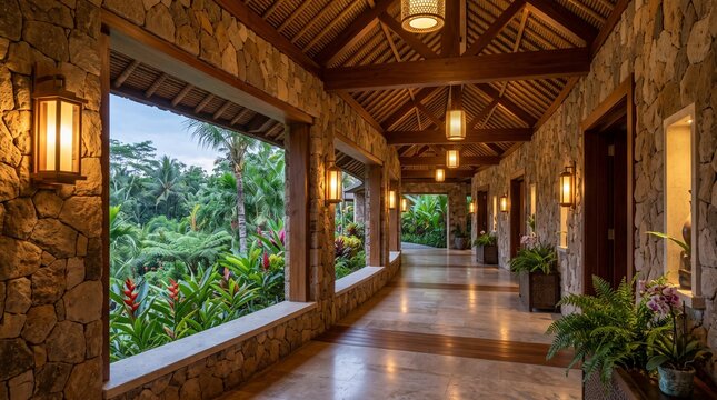 Open-air luxury resort corridor with stone walls, wooden thatched roof, lantern lights, and tropical garden view