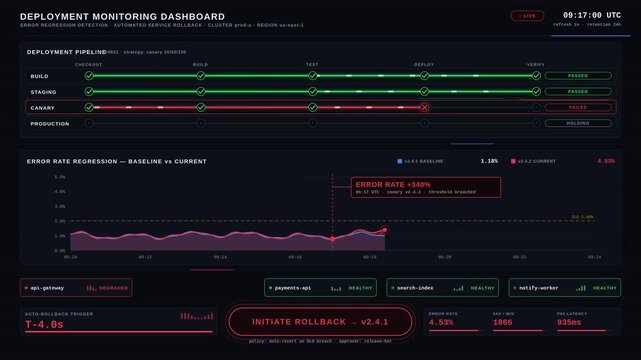 A detailed deployment monitoring dashboard visualizes error regressions, triggering service rollback with animated charts and glowing controls in a sleek, modern interface.