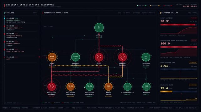 Investigating database failures with a detailed incident investigation dashboard featuring a dependency trace graph and database health metrics in a dynamic war room style.
