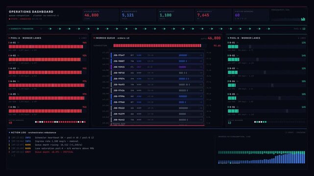 Operations dashboard visualizing queue congestion with glowing job blocks and worker redistribution animations in a dark, high-tech interface design. for commercial creative technology and business.