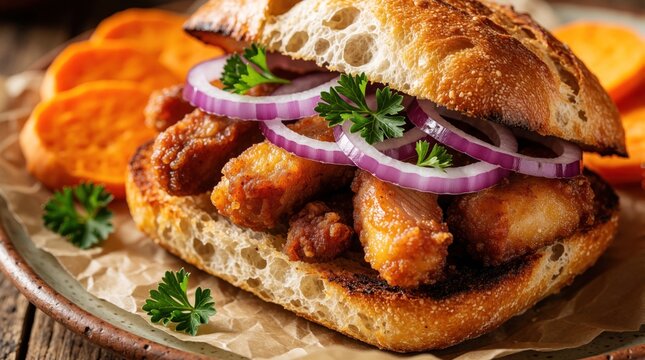 Pan con chicharron sandwich with fried pork onion salad and sweet potato slices on rustic plate. Traditional Peruvian cuisine for breakfast or lunch.