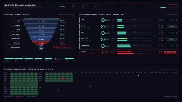 E-commerce synthetic checkout monitoring dashboard showcasing failed steps and performance delays with a detailed checkout funnel and user journey heatmap visualizations.