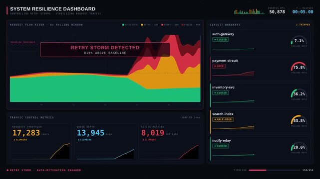 A modern system resilience dashboard visualizing request traffic and retry storms with animated metrics and circuit breaker states on a dark hexagonal mesh background.
