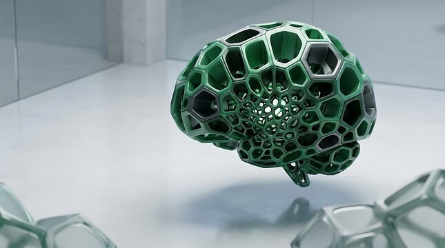 A futuristic digital brain constructed from glowing green geometric structures floating in a clean white laboratory environment