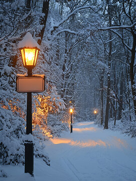 Old glowing lamp post on winter village street in falling snow