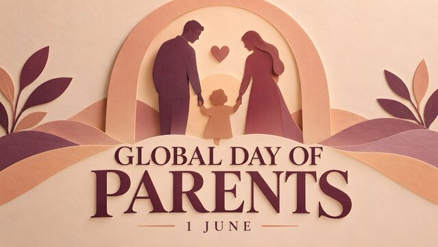 A paper art illustration depicting a family standing together for global day of parents with paper craft style illustration depicts father symbol decorative foliage