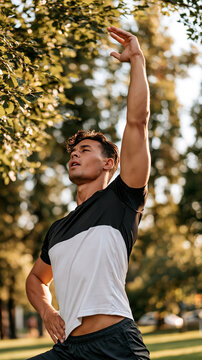 Male runner stretches arm upward in sunlit park after workout, athletic wellness lifestyle, morning exercise energy, healthy active outdoor scene.