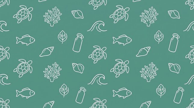 A repeating pattern of white line-art icons on a teal background, featuring marine life and environmental elements.