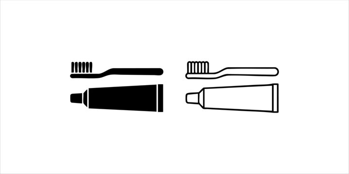 Set of minimalist toothbrush and toothpaste tube icons, solid black and outline vector illustration for dental hygiene