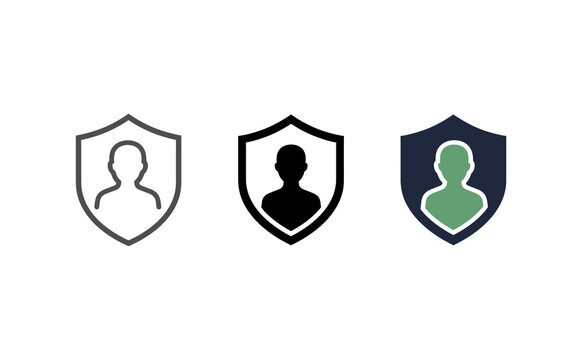 Minimalist security shield icons with human profiles in various graphic styles
