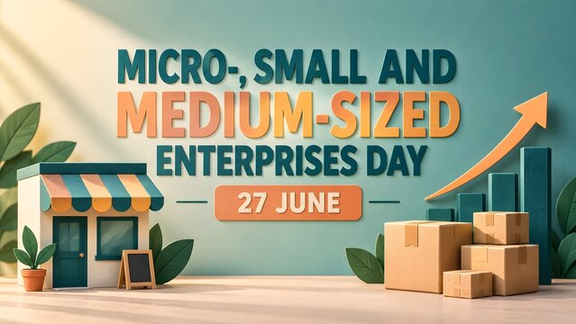 A miniature shop model with shipping boxes celebrating micro small and medium sized enterprises day with background text celebrating beside cardboard shipping